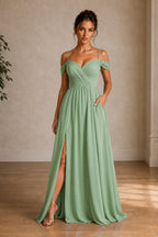 Off-Shoulder Ruched A-Line Evening Gown with Slit