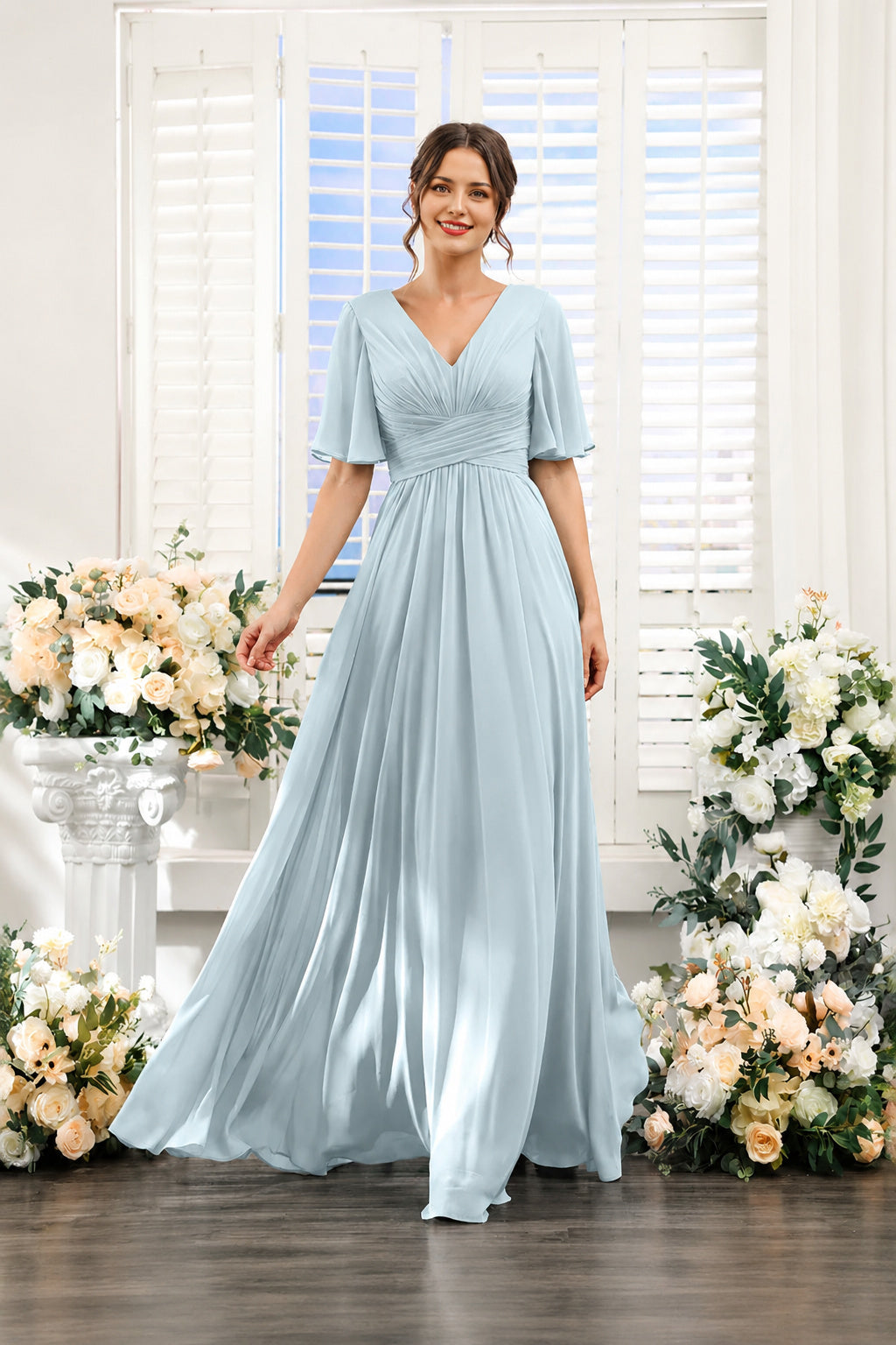 V-Neck Flutter Sleeve Ruched High-Slit Evening Gown