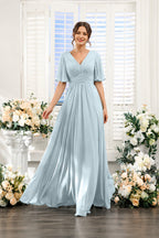 V-Neck Flutter Sleeve Ruched High-Slit Evening Gown