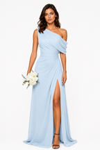 One-Shoulder Draped Ruched High-Slit Evening Gown
