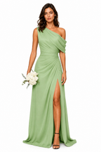 One-Shoulder Draped Ruched High-Slit Evening Gown