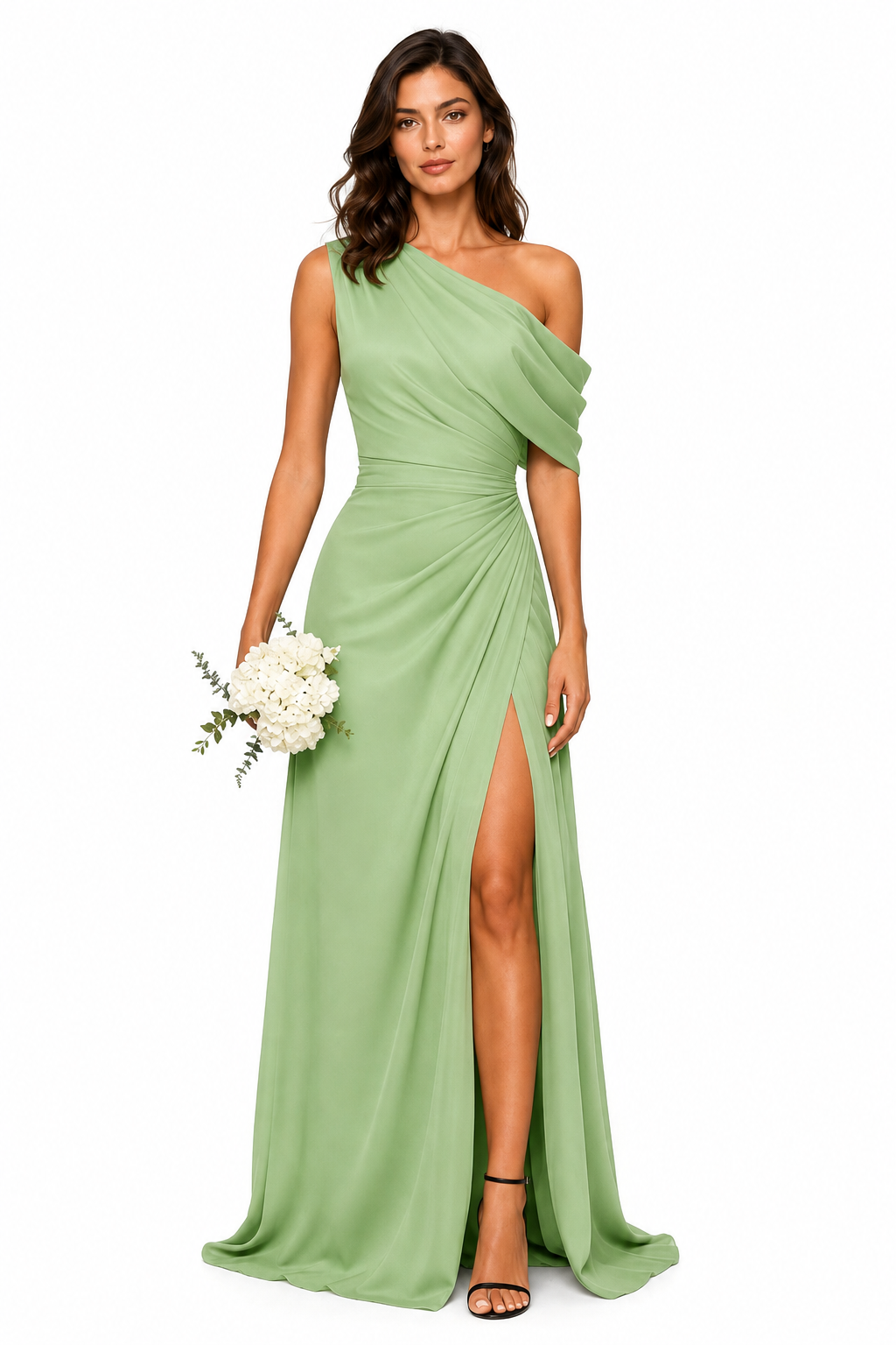 One-Shoulder Draped Ruched High-Slit Evening Gown