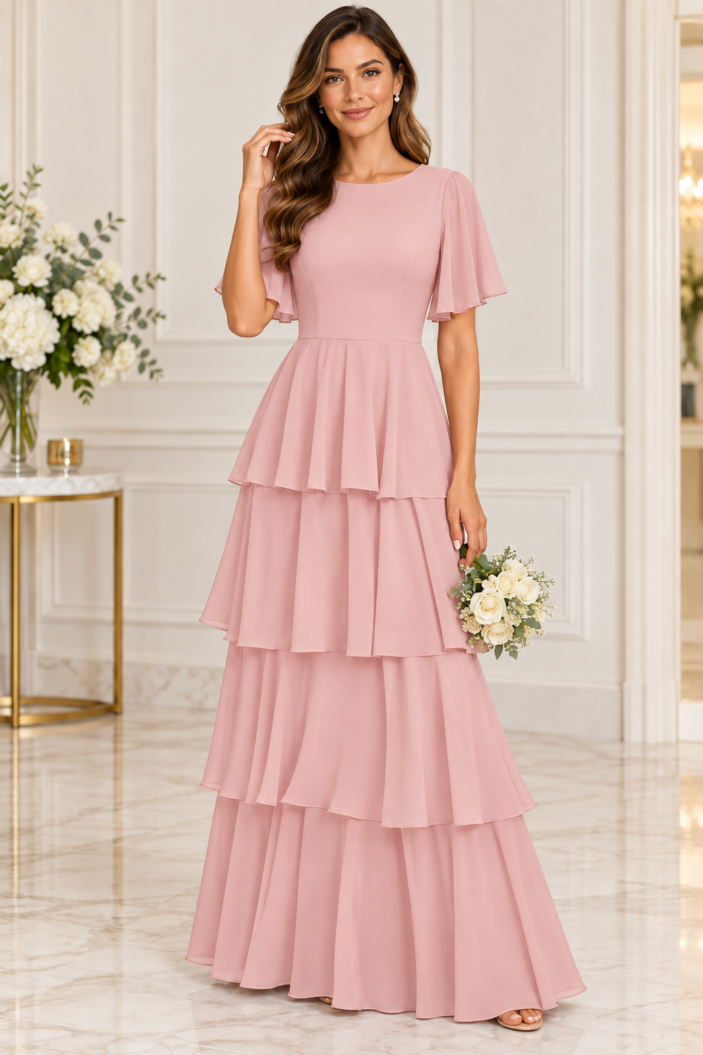 Flutter Sleeve Tiered Chiffon Formal Dress