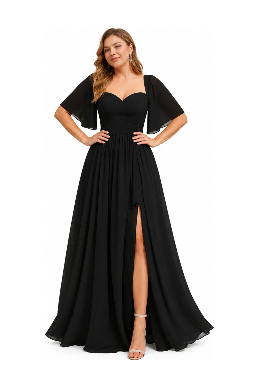 Sweetheart Neck Flutter Sleeve A-Line Evening Gown with Slit