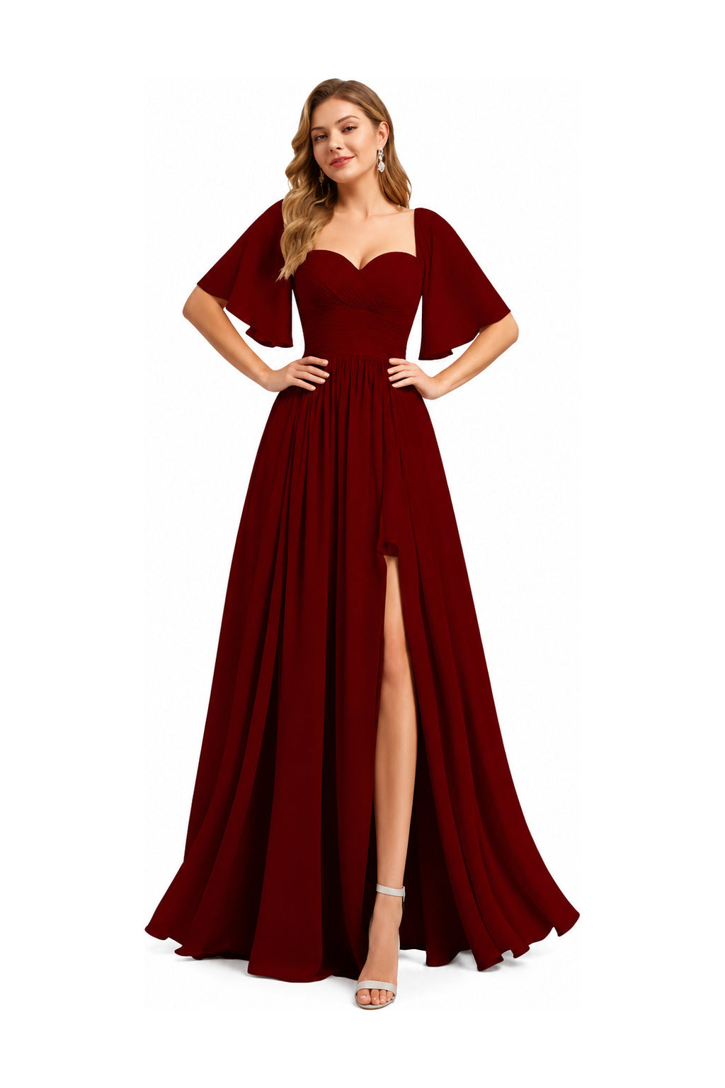 Sweetheart Neck Flutter Sleeve A-Line Evening Gown with Slit