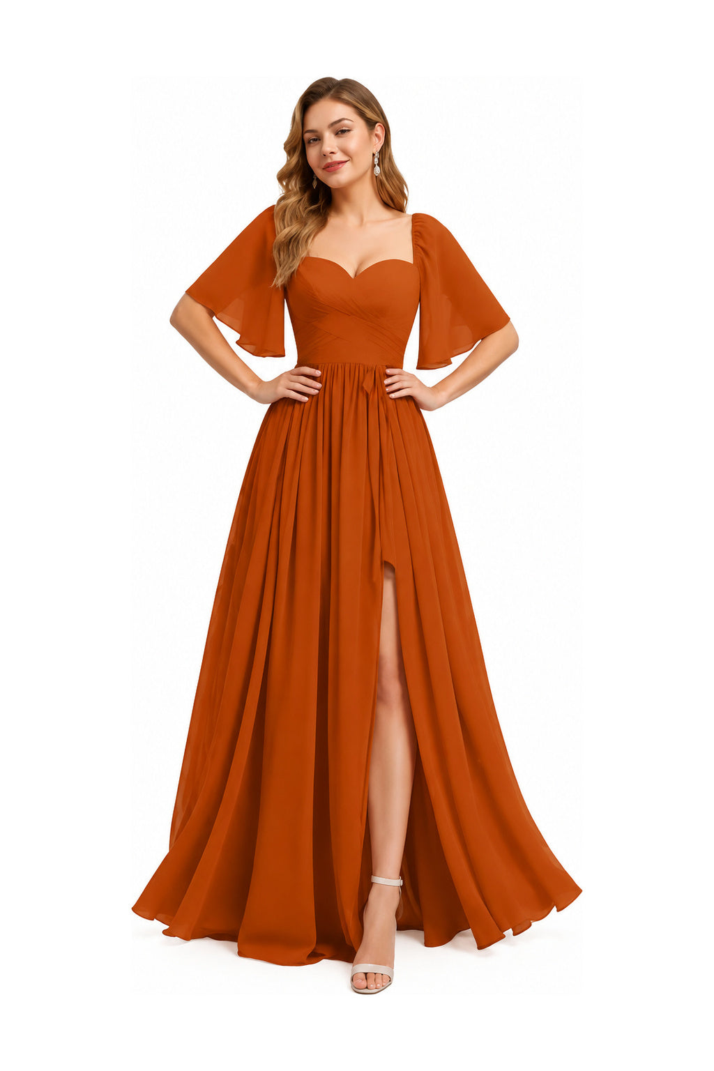 Sweetheart Neck Flutter Sleeve A-Line Evening Gown with Slit