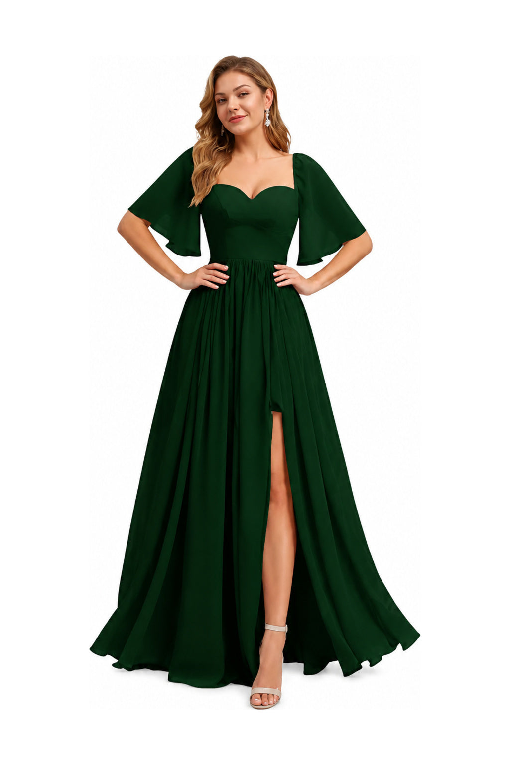 Sweetheart Neck Flutter Sleeve A-Line Evening Gown with Slit