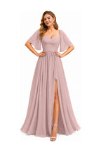 Sweetheart Neck Flutter Sleeve A-Line Evening Gown with Slit