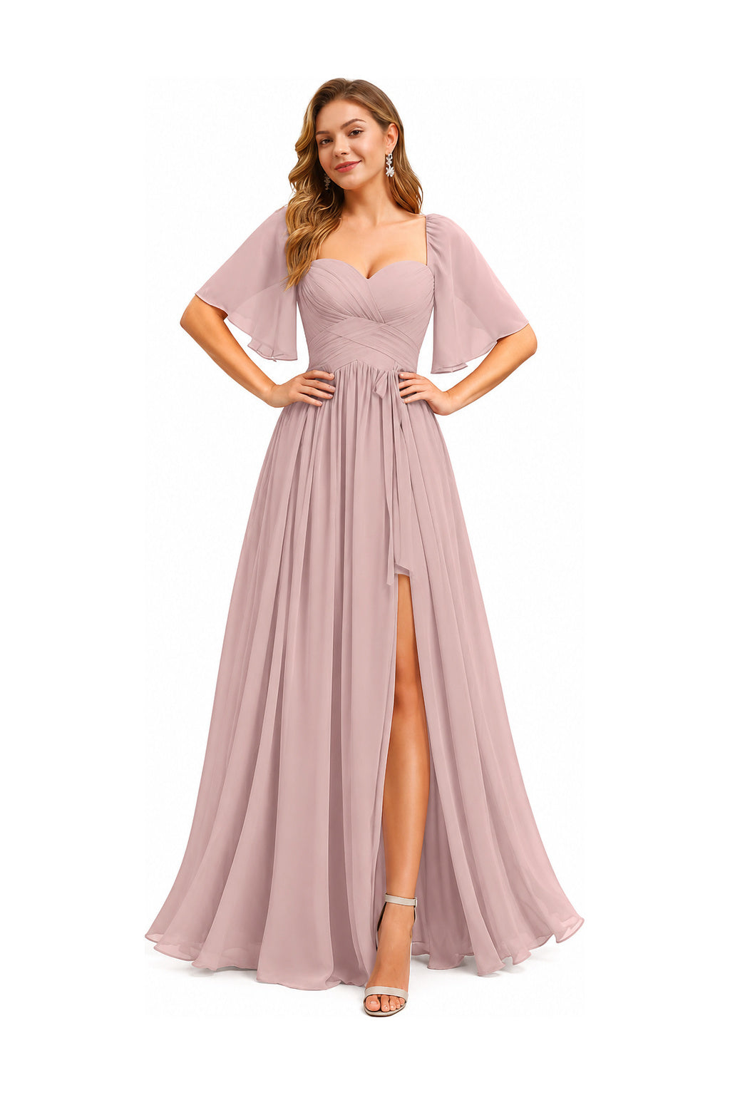 Sweetheart Neck Flutter Sleeve A-Line Evening Gown with Slit
