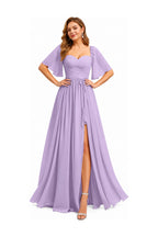 Sweetheart Neck Flutter Sleeve A-Line Evening Gown with Slit