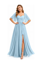 Sweetheart Neck Flutter Sleeve A-Line Evening Gown with Slit