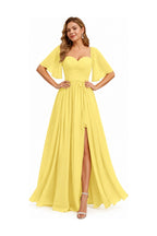 Sweetheart Neck Flutter Sleeve A-Line Evening Gown with Slit