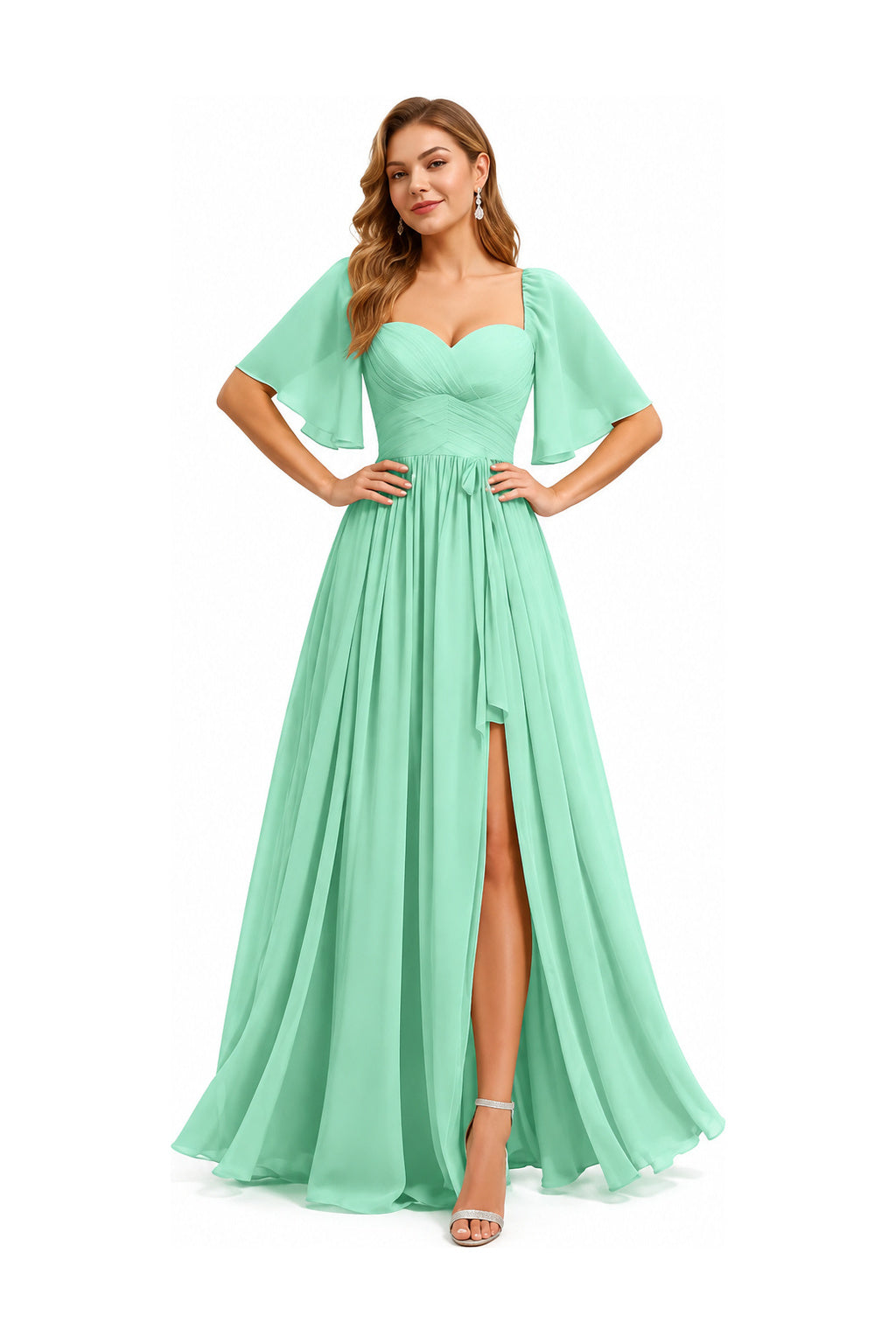Sweetheart Neck Flutter Sleeve A-Line Evening Gown with Slit