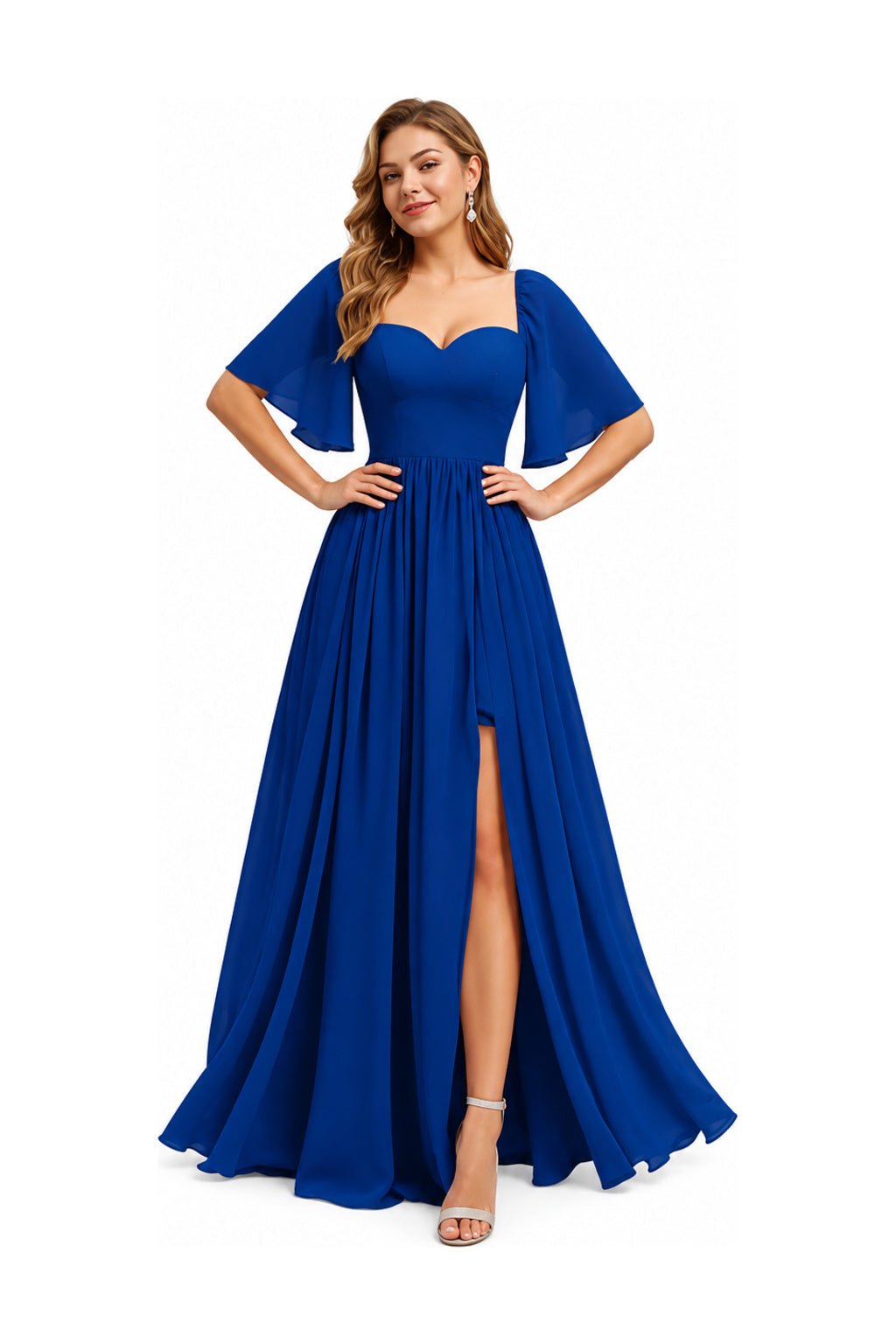 Sweetheart Neck Flutter Sleeve A-Line Evening Gown with Slit