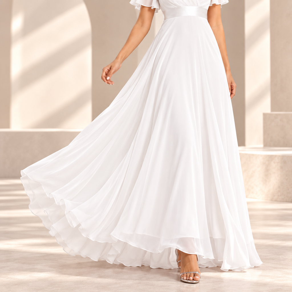 Close-up of flowing floor-length A-line chiffon skirt
