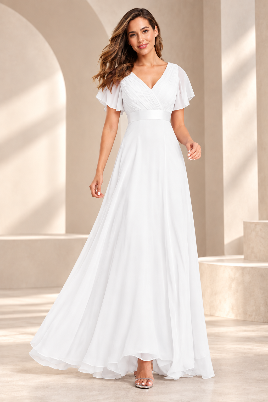V-Neck Pleated Chiffon A-Line Evening Gown