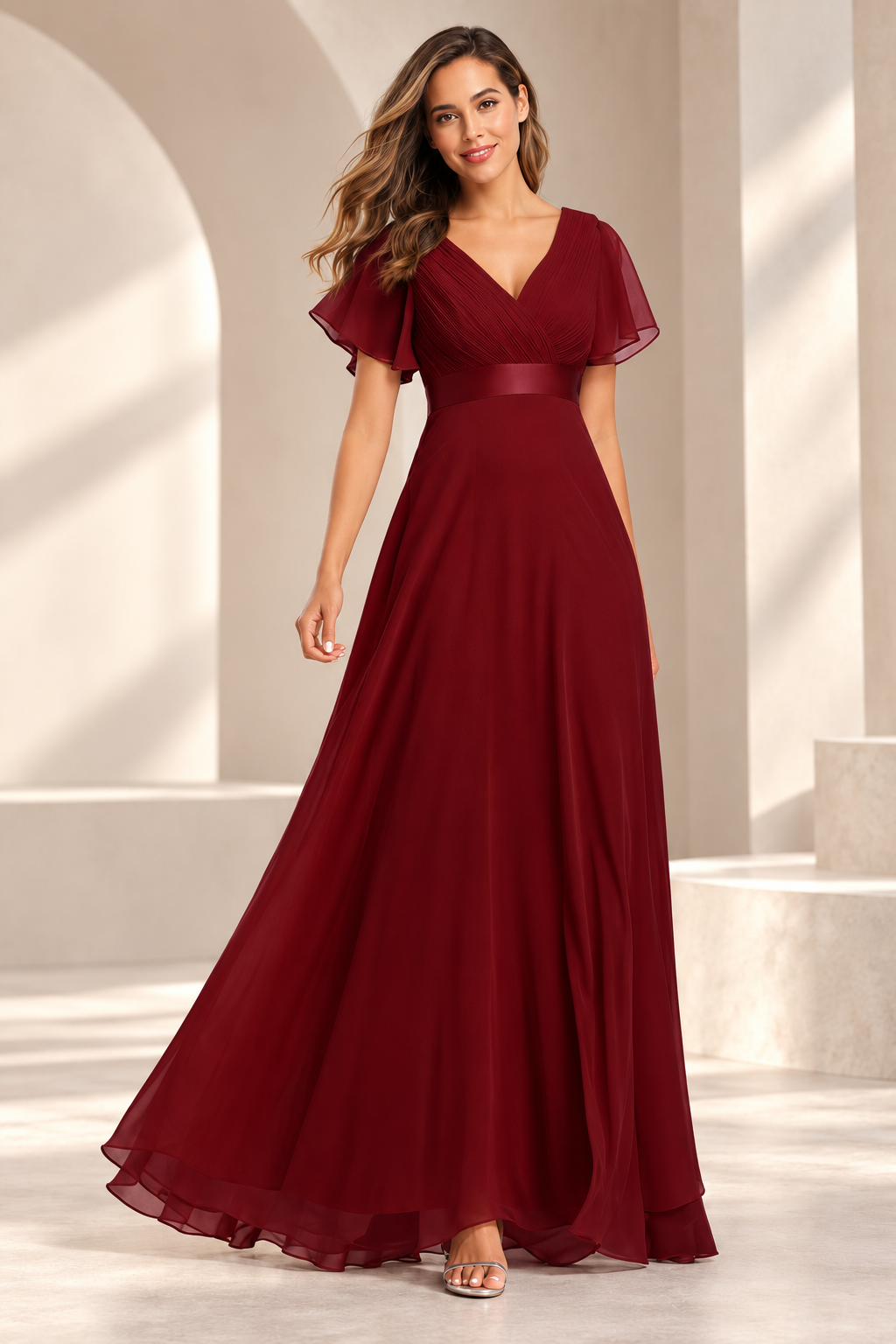 V-Neck Pleated Chiffon A-Line Evening Gown