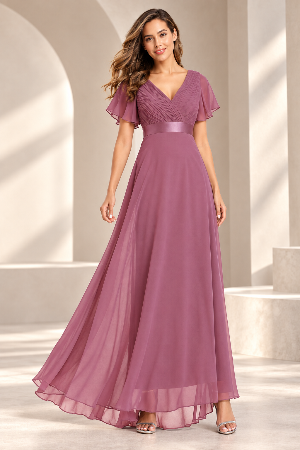 V-Neck Pleated Chiffon A-Line Evening Gown