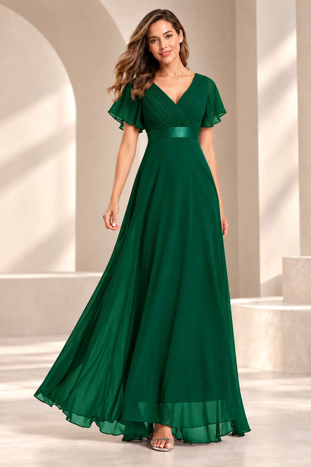 V-Neck Pleated Chiffon A-Line Evening Gown