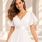 Close-up of short flutter sleeve and pleated chiffon bodice