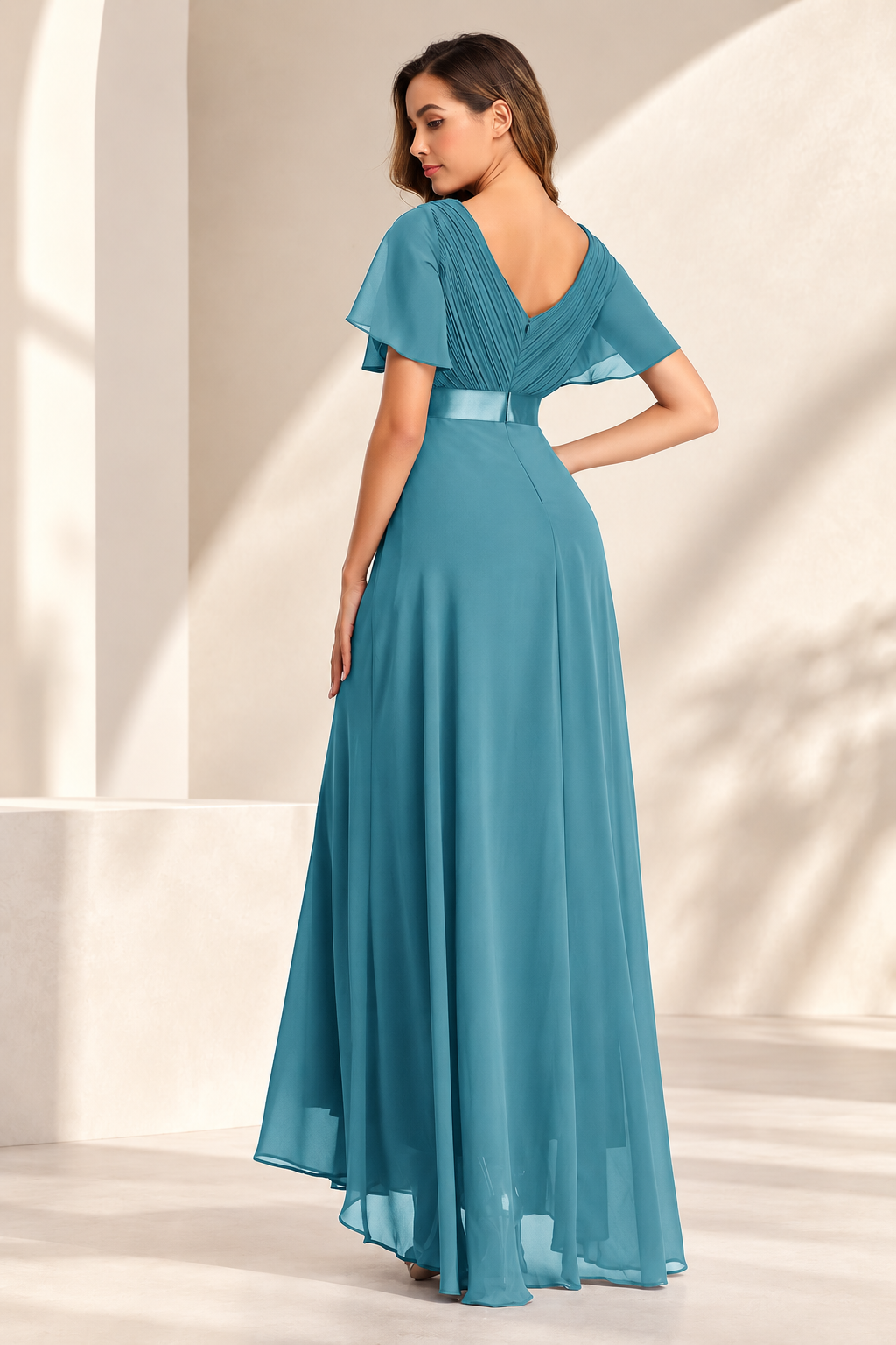 V-Neck Pleated Chiffon A-Line Evening Gown