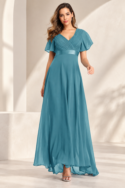 V-Neck Pleated Chiffon A-Line Evening Gown