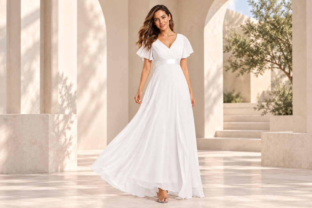 Full-length V-neck pleated chiffon A-line evening gown in a modern architectural setting