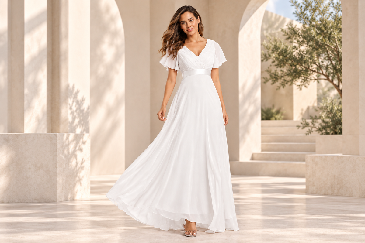 Full-length V-neck pleated chiffon A-line evening gown in a modern architectural setting
