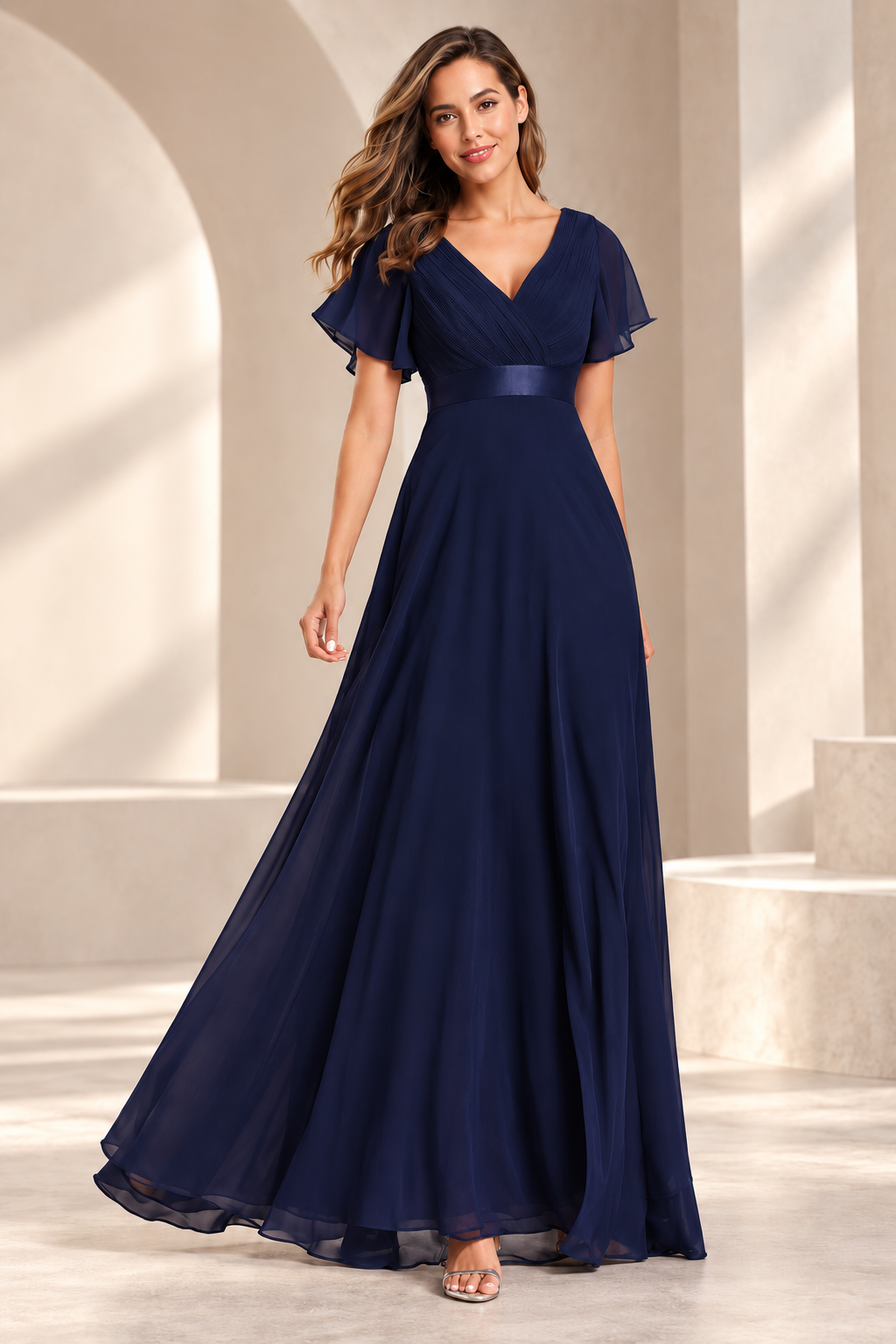 V-Neck Pleated Chiffon A-Line Evening Gown