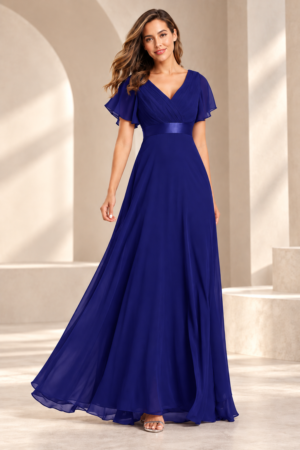 V-Neck Pleated Chiffon A-Line Evening Gown