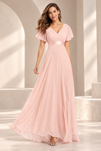 V-Neck Pleated Chiffon A-Line Evening Gown