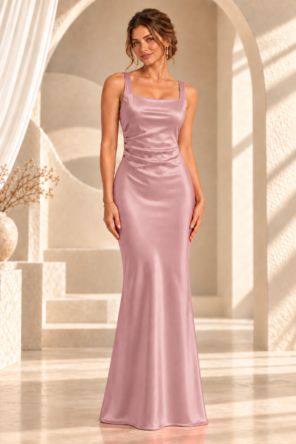 Square-Neck Ruched Fitted Evening Gown