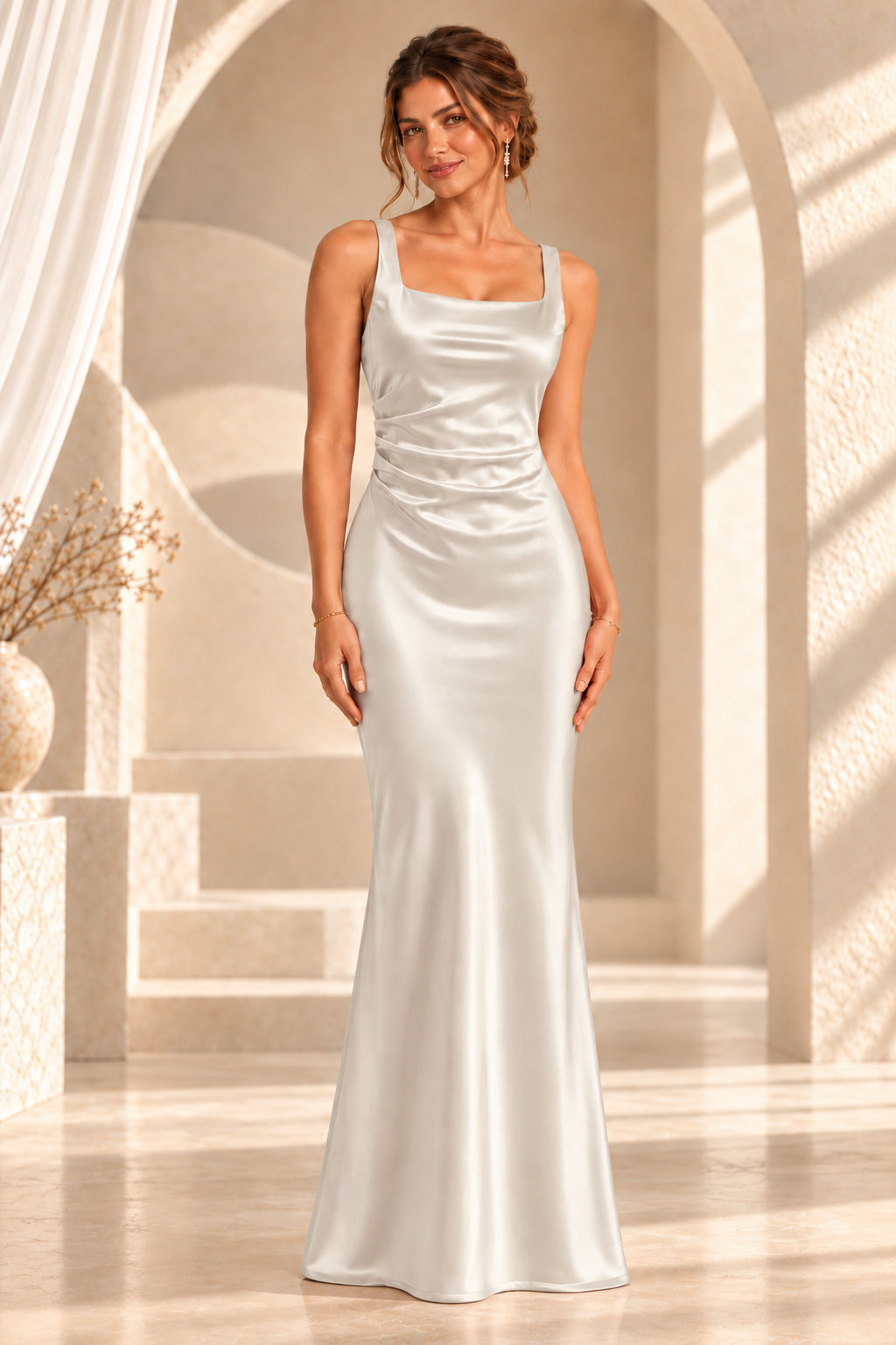 Square-Neck Ruched Fitted Evening Gown