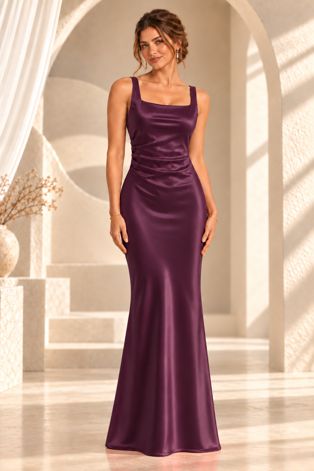 Square-Neck Ruched Fitted Evening Gown