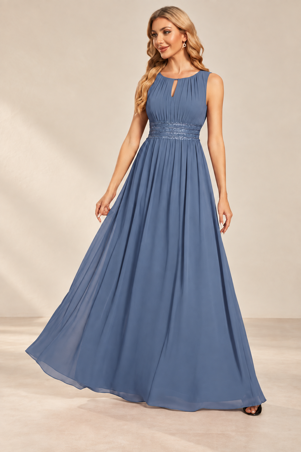 Model wearing the blue keyhole neck pleated A-line evening gown, front view.
