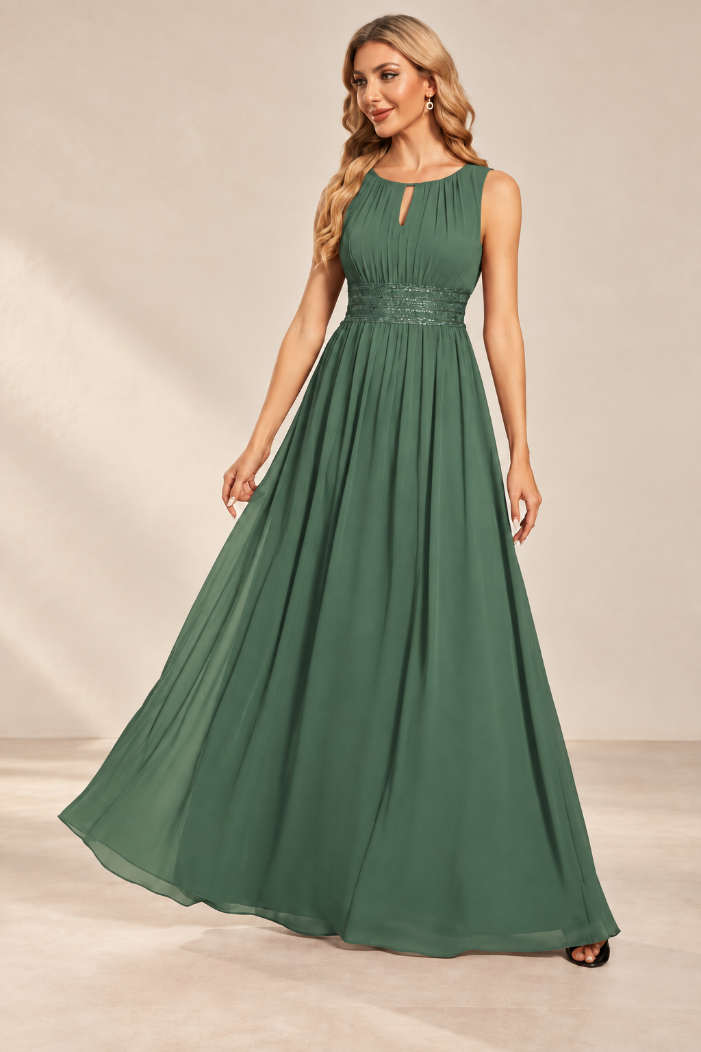Model wearing the green keyhole neck pleated A-line evening gown, front view.