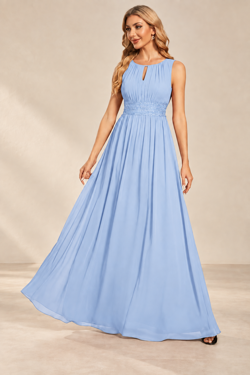 Model wearing the ice blue keyhole neck pleated A-line evening gown, front view.