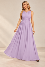 Model wearing the lilac keyhole neck pleated A-line evening gown, front view.