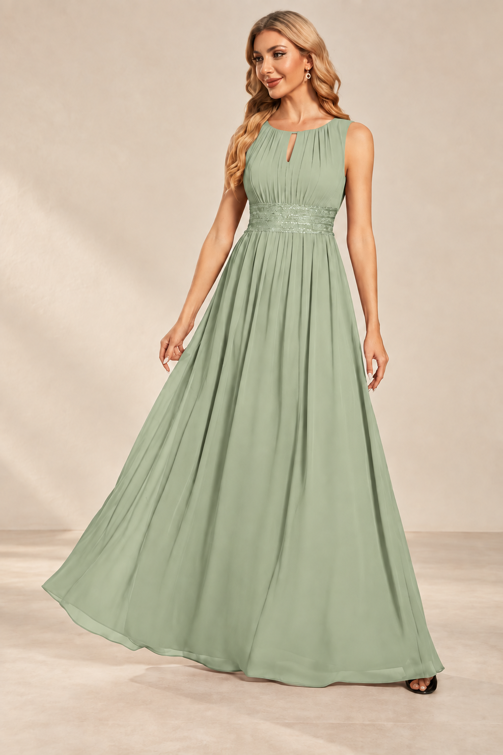Model wearing the mint green keyhole neck pleated A-line evening gown, front view.