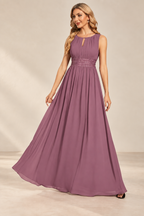 Model wearing the orchid keyhole neck pleated A-line evening gown, front view.