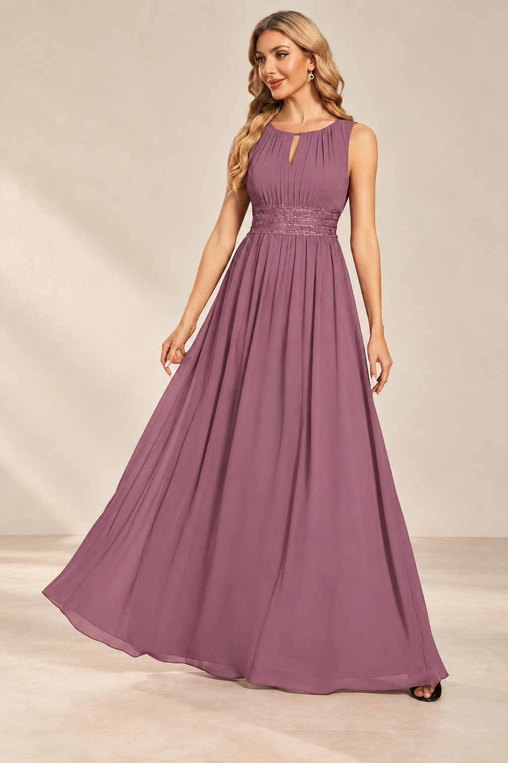 Model wearing the orchid keyhole neck pleated A-line evening gown, front view.