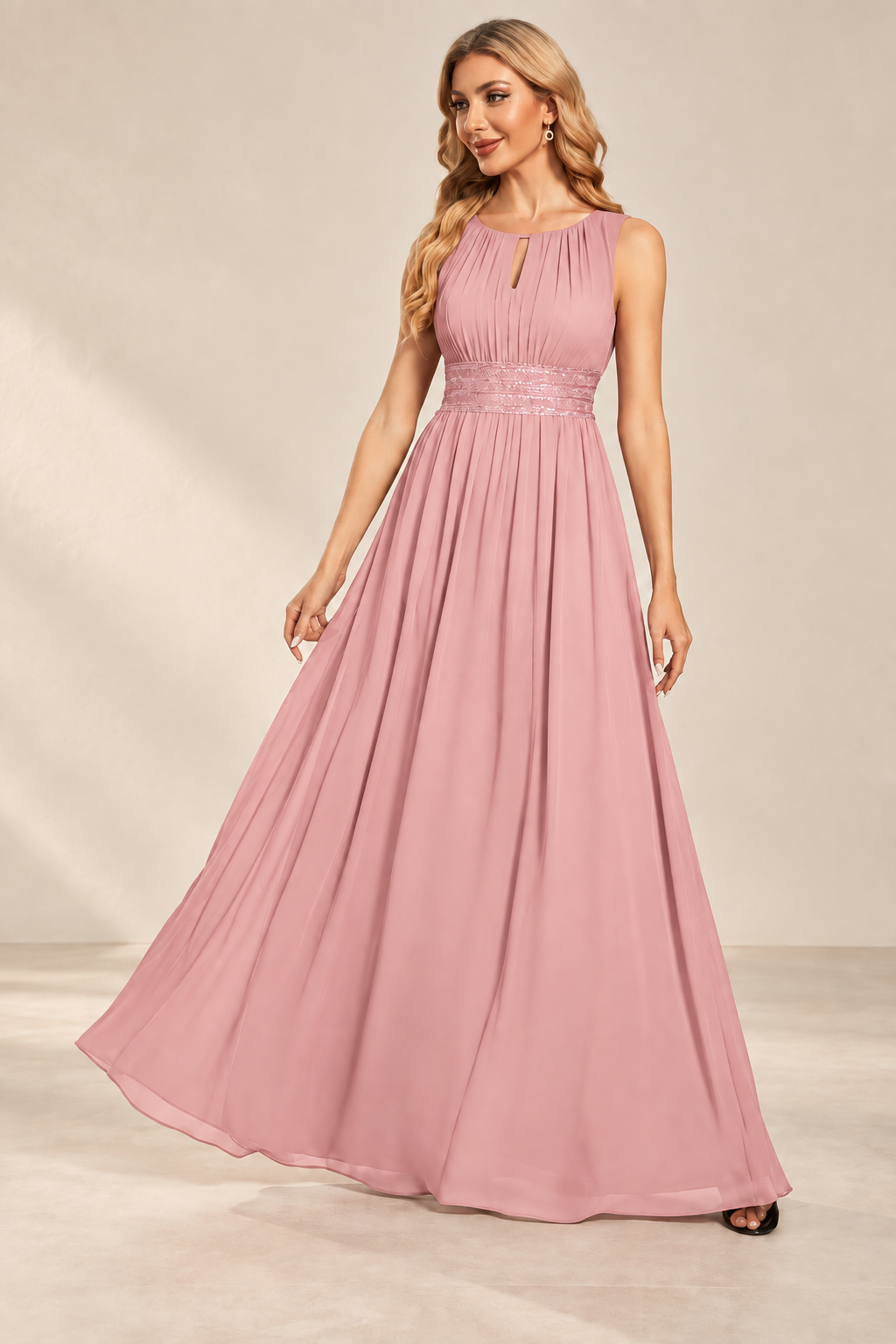 Model wearing the rose red keyhole neck pleated A-line evening gown, front view.