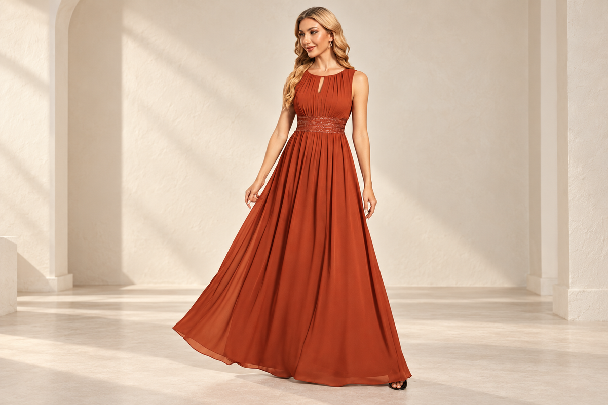Model wearing the rust orange keyhole neck pleated A-line evening gown in an ivory studio.