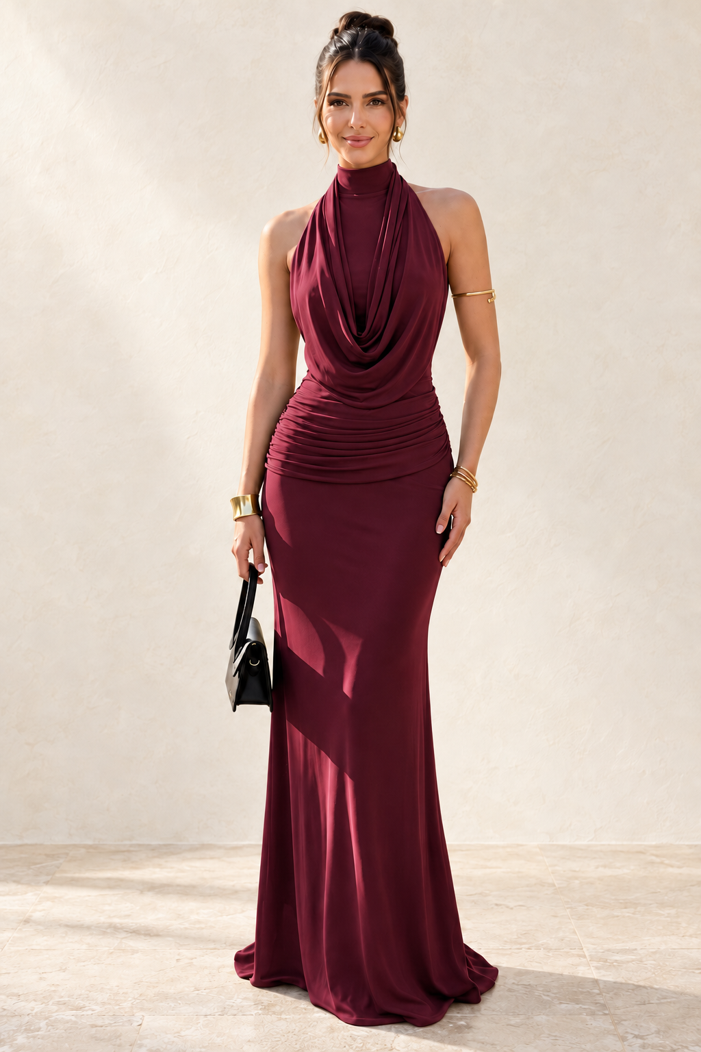 High-Neck Draped Ruched Column Evening Gown