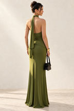 High-Neck Draped Ruched Column Evening Gown