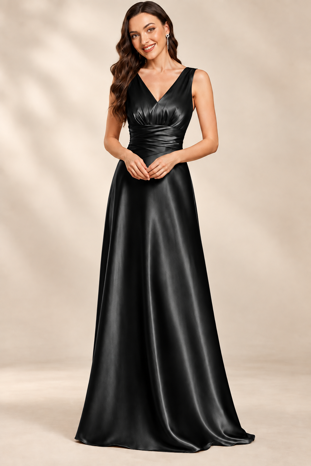 Full-length front view of the black V-neck ruched A-line evening gown