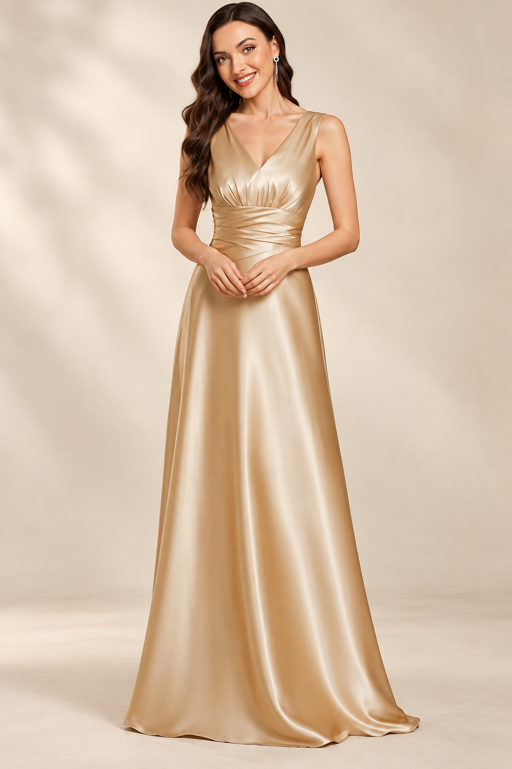 Full-length front view of the champagne V-neck ruched A-line evening gown
