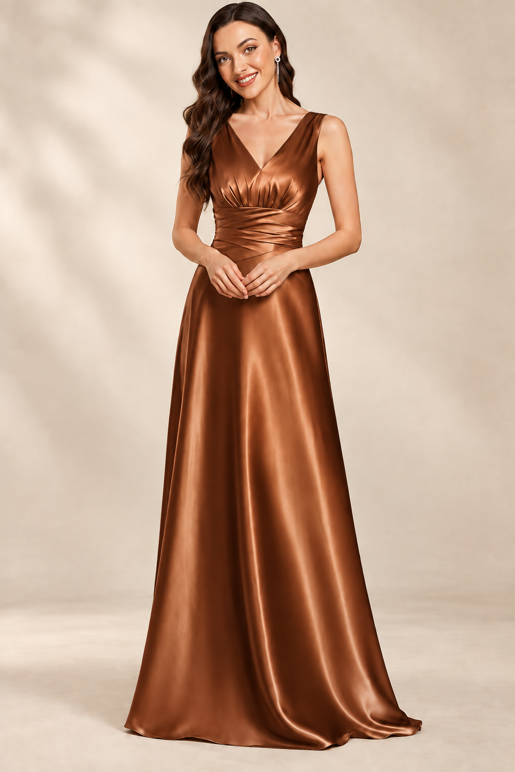 Full-length front view of the copper V-neck ruched A-line evening gown