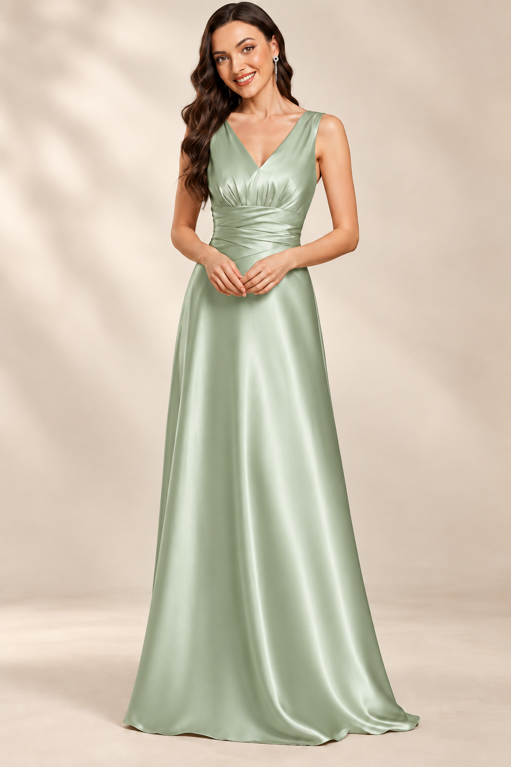 Full-length front view of the mint green V-neck ruched A-line evening gown
