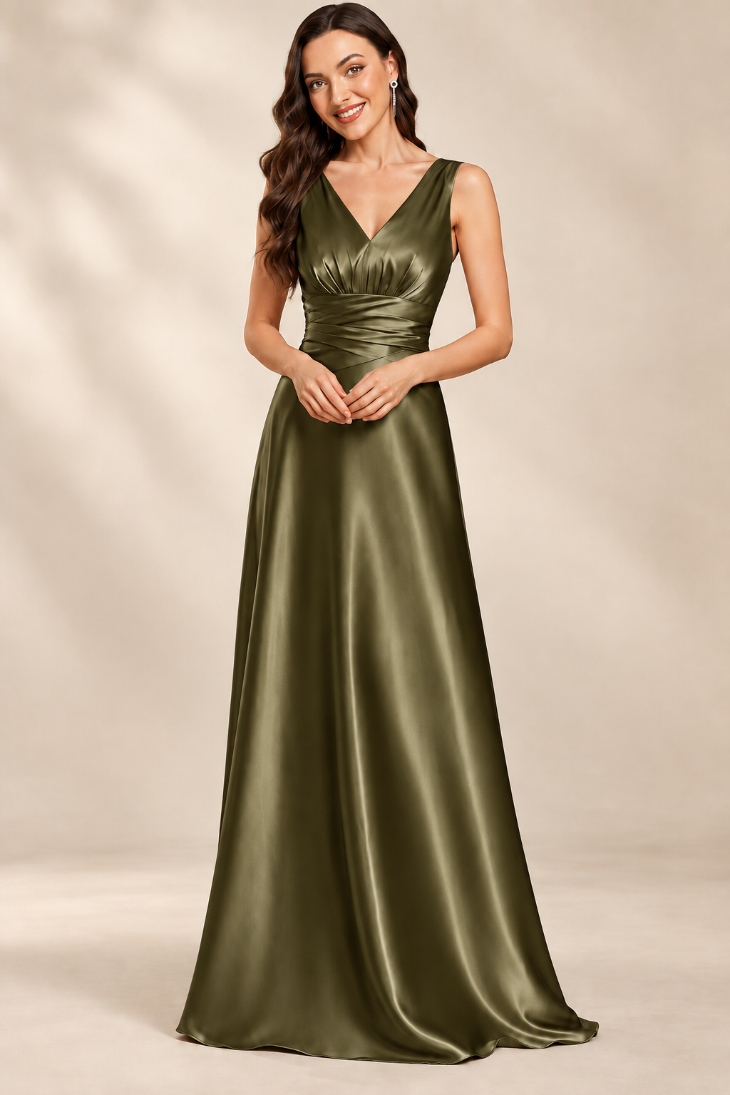 Full-length front view of the olive green V-neck ruched A-line evening gown